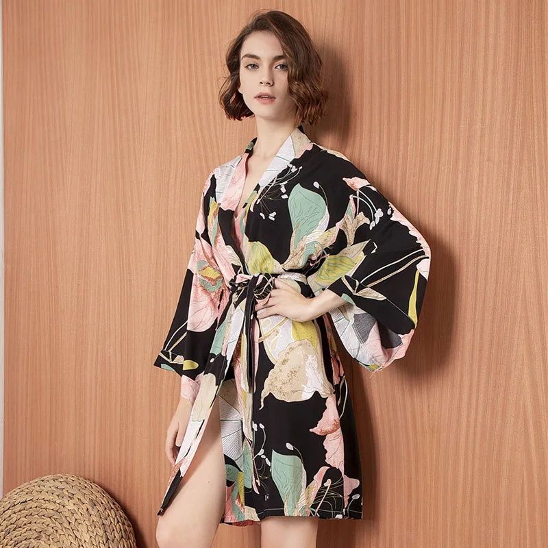 Floral Printed Silk Satin Nightgown Robe