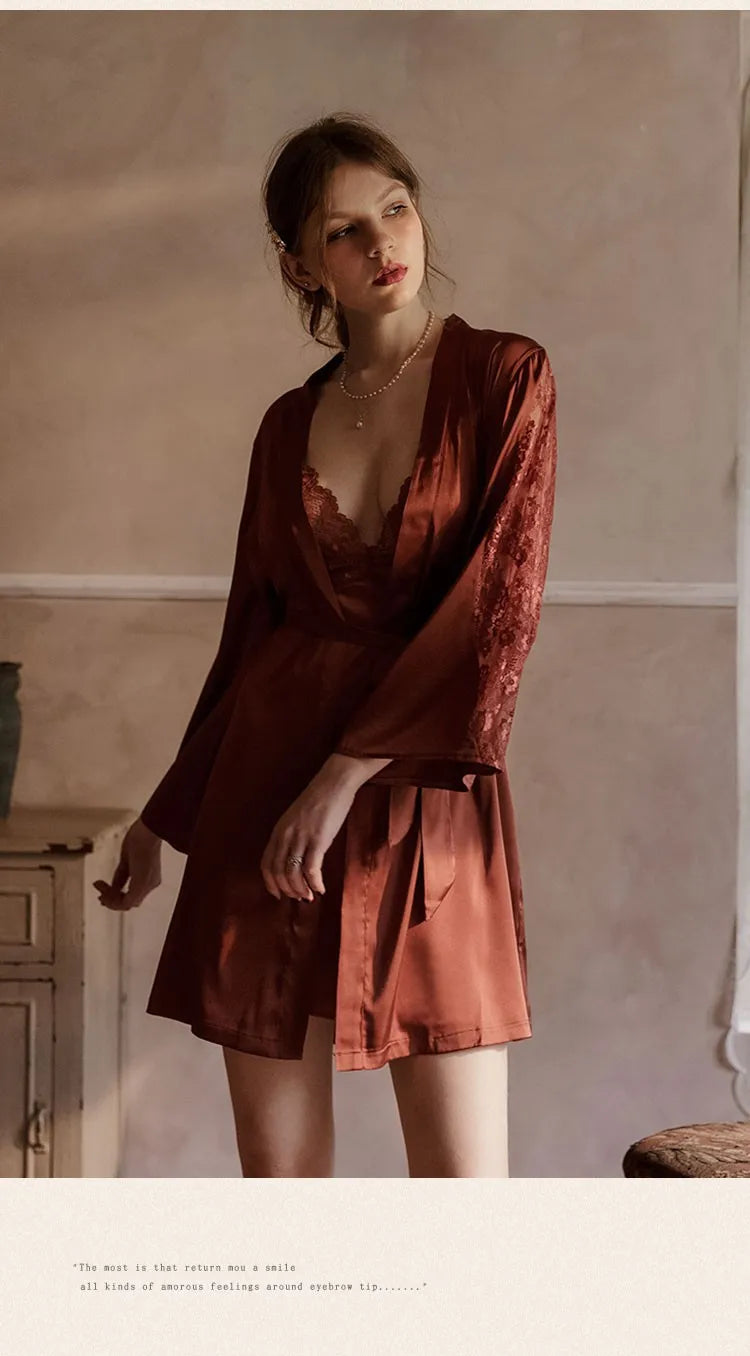 Sexy Lace Satin Kimono Short Robe