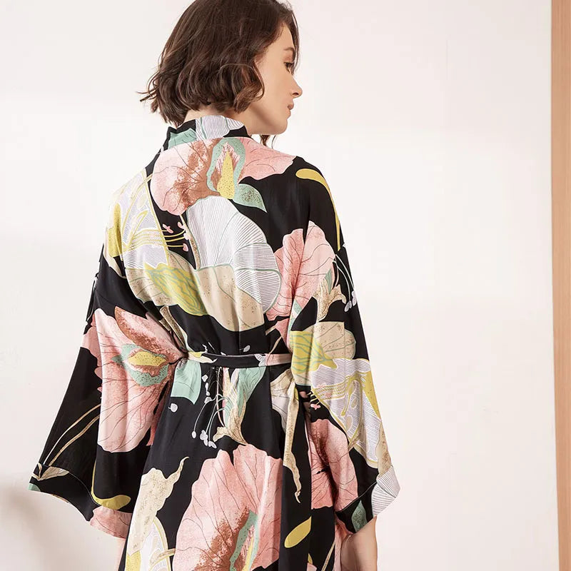 Floral Printed Silk Satin Nightgown Robe