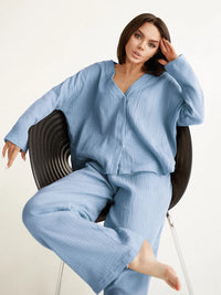 V-Neck Cotton Shirt & Wide Leg Pants Lounge Set