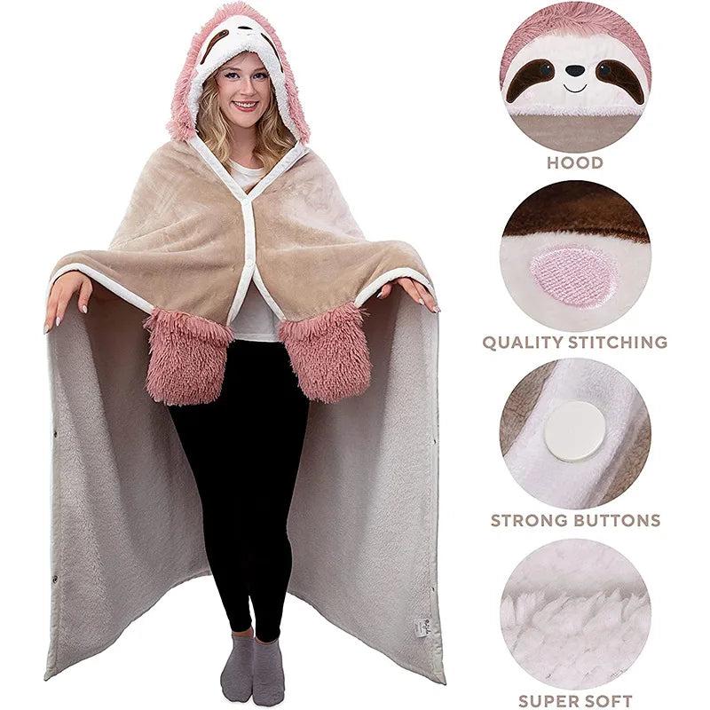 Cute Hooded Blanket With Gloves Casual Loungwear