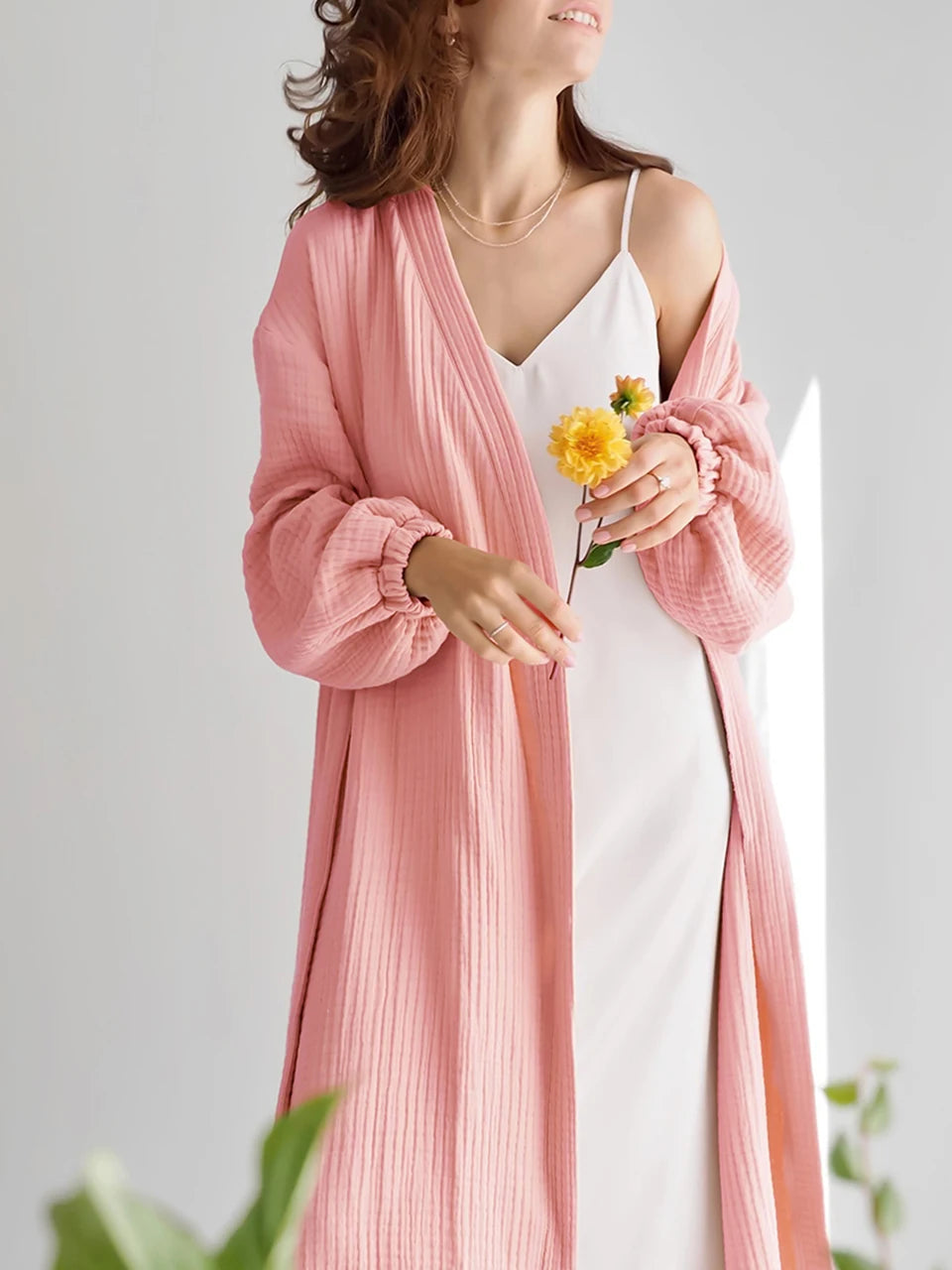 Solid Color Puff Sleeves Cotton Sleepwear