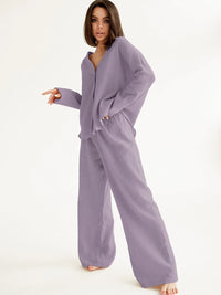 V-Neck Cotton Shirt & Wide Leg Pants Lounge Set