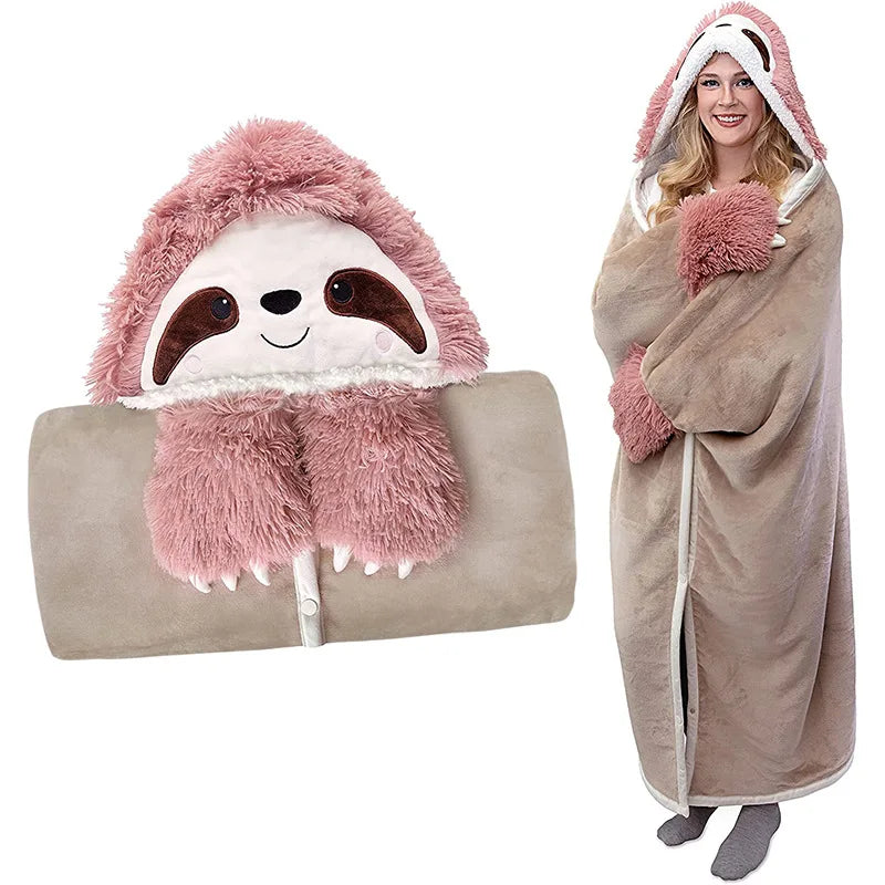 Cute Hooded Blanket With Gloves Casual Loungwear