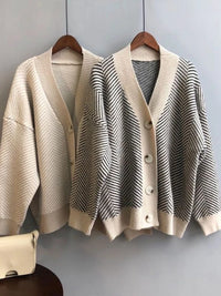 V-Neck Striped Loose-fitting Cardigan