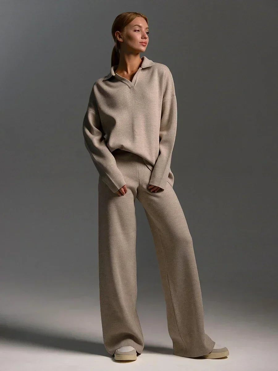 Polo Neck Sweater & Wide Leg Pants Set