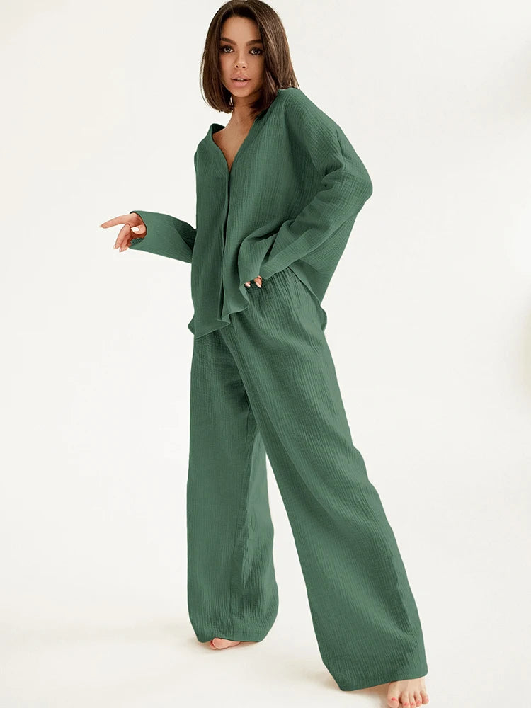 V-Neck Cotton Shirt & Wide Leg Pants Lounge Set