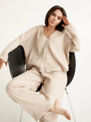 V-Neck Cotton Shirt & Wide Leg Pants Lounge Set