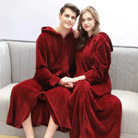 Couple Warm Hooded Flannel Bathrobe