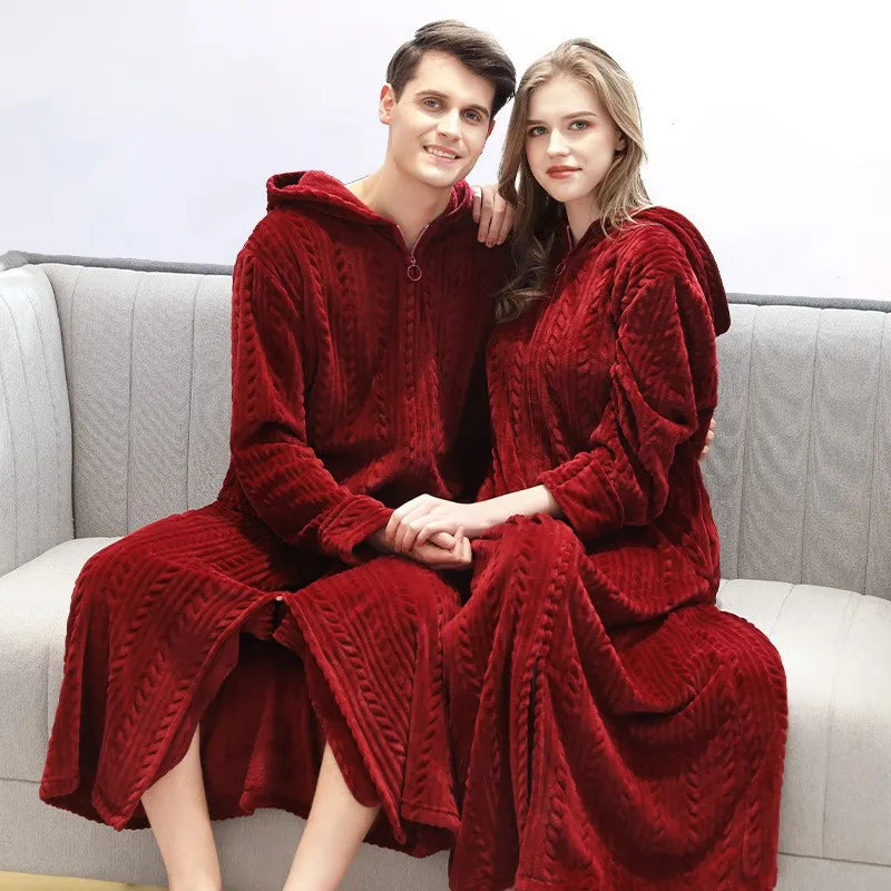 Couple Warm Hooded Flannel Bathrobe