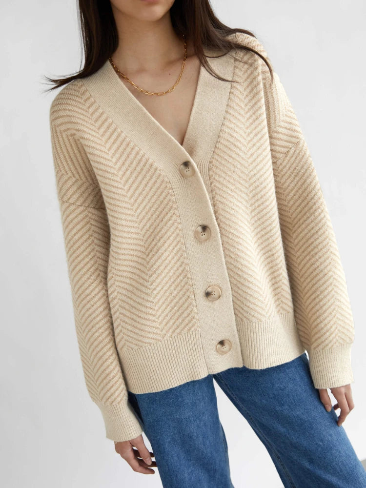 V-Neck Striped Loose-fitting Cardigan