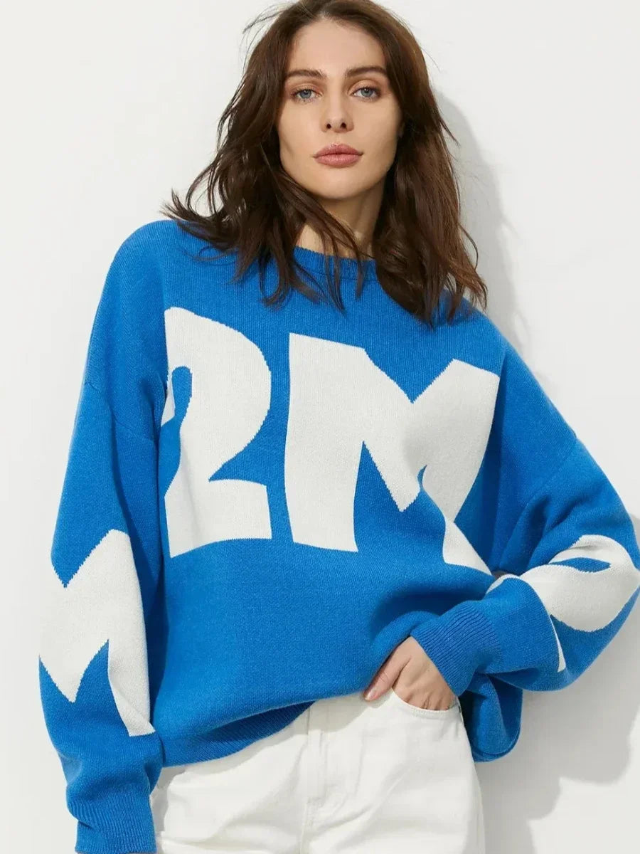 Letter O-neck Oversized Knitted Pullover