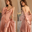 Pure color Strap Nightgown Kimono Short Robe Set