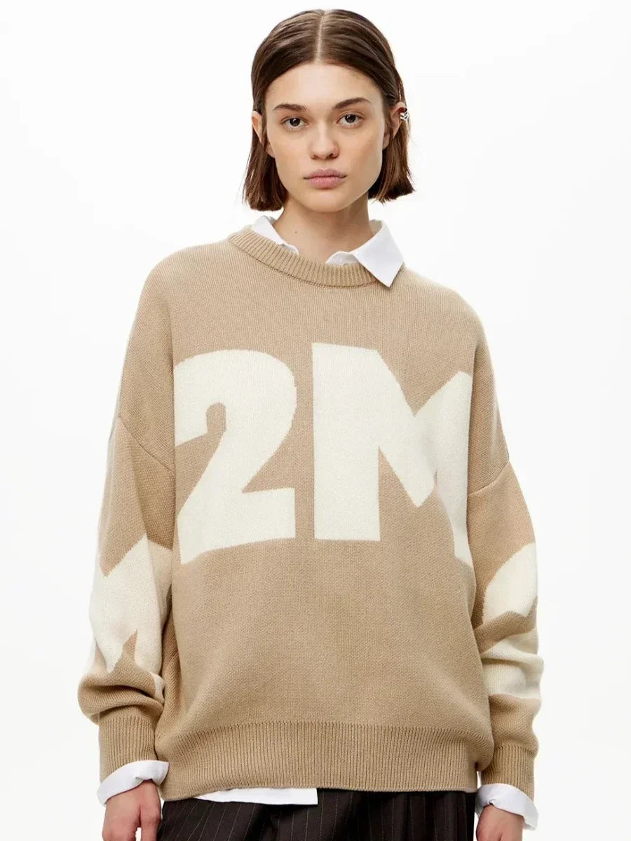 Letter O-neck Oversized Knitted Pullover