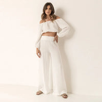 Crepe Cotton Short Top Straight Leg Pants Set