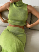 Turtleneck Sleeveless Knitted Vest Skirt 2-Piece Set